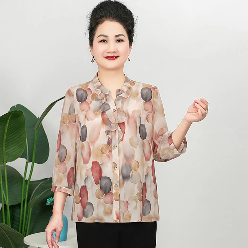 雅鹿雪纺衬衫女七分袖2025春夏洋气妈妈装显瘦上衣套头小衫B25802