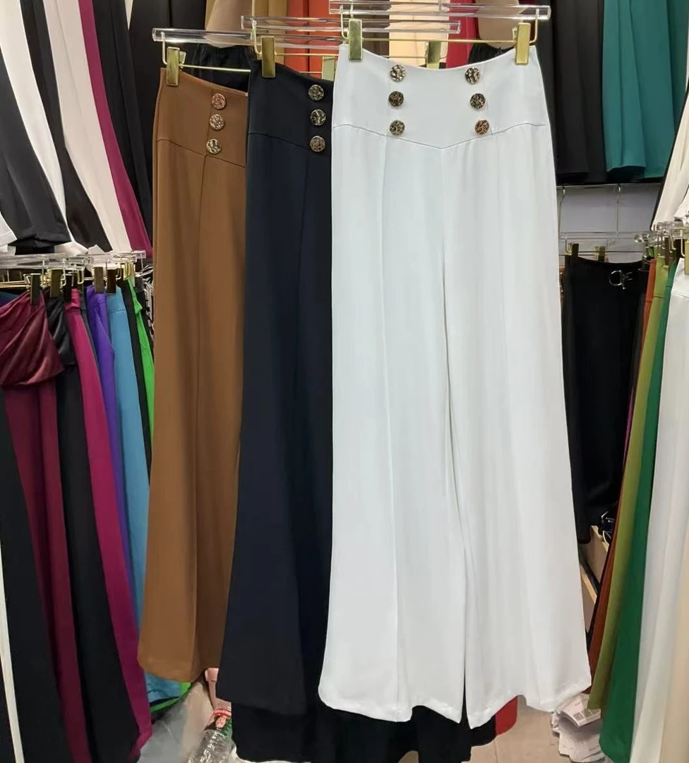 228-B-1-4-4 别致时尚设计名媛高腰阔腿裤铆钉扣垂感显高长裤裤子