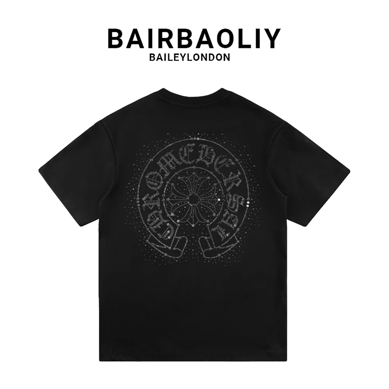 BAIRBAOLIY轻奢大牌质感重工十字架t恤烫钻短袖T恤春夏休闲上衣