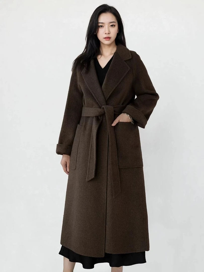 高品质腰带慵懒风长款双面尼外套