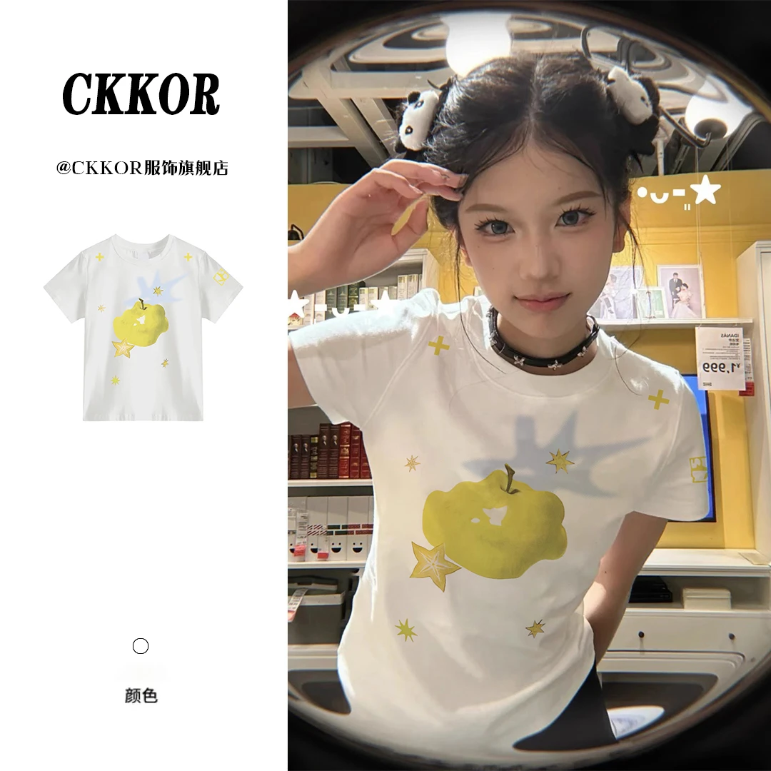 CKKOR夏季新款正肩短款短袖t恤女韩系修身显瘦小个子圆领上衣
