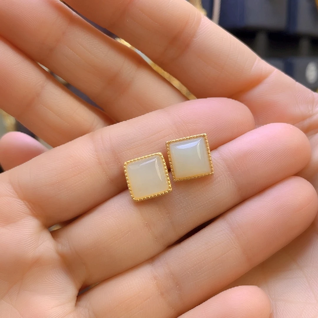 和田玉耳饰银S925镀金镶嵌