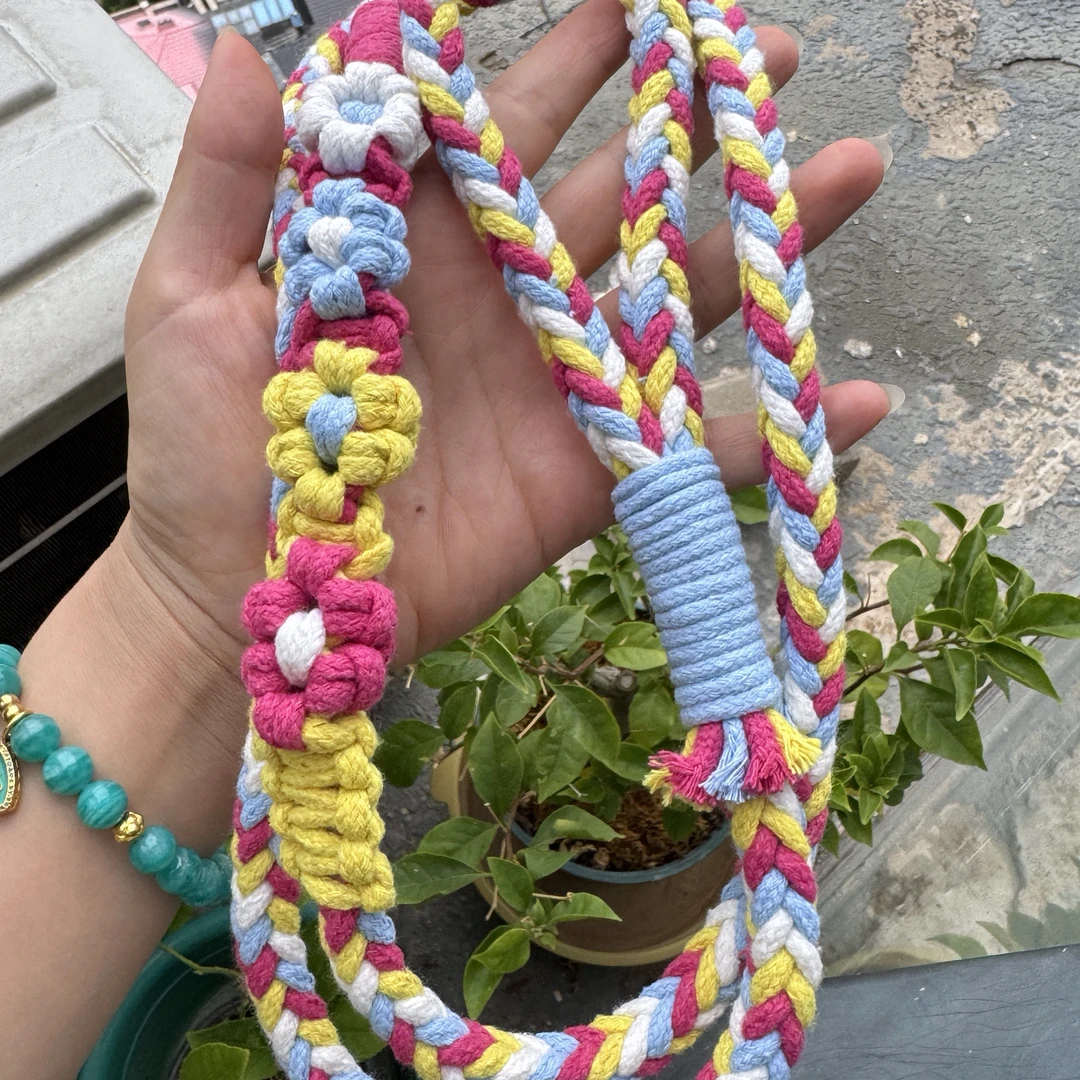 马卡龙色手工编织宠物牵引绳适合小中大型犬遛狗必备