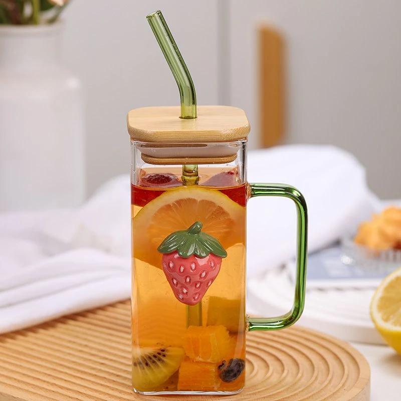 创意带盖玻璃吸管杯水杯夏季饮料杯家用把手果汁杯子可爱