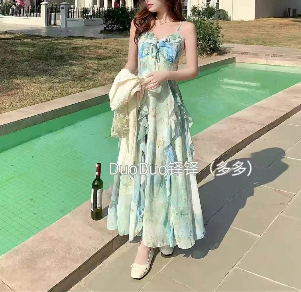 法式两件套气质吊带连衣裙印花设计显瘦收腰度假风长裙