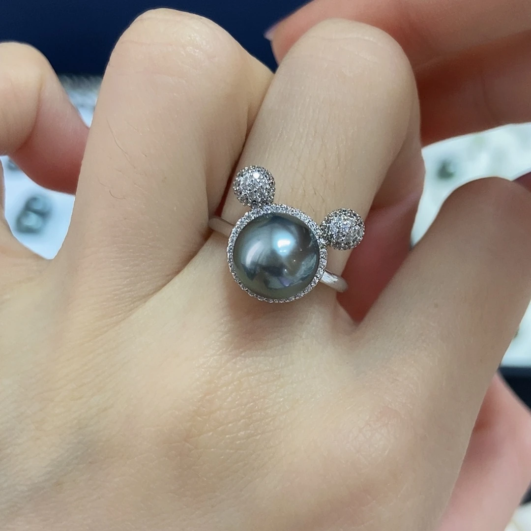 戒圈海水珍珠银S925镶嵌大溪地黑珍珠戒指。福利款 不退换