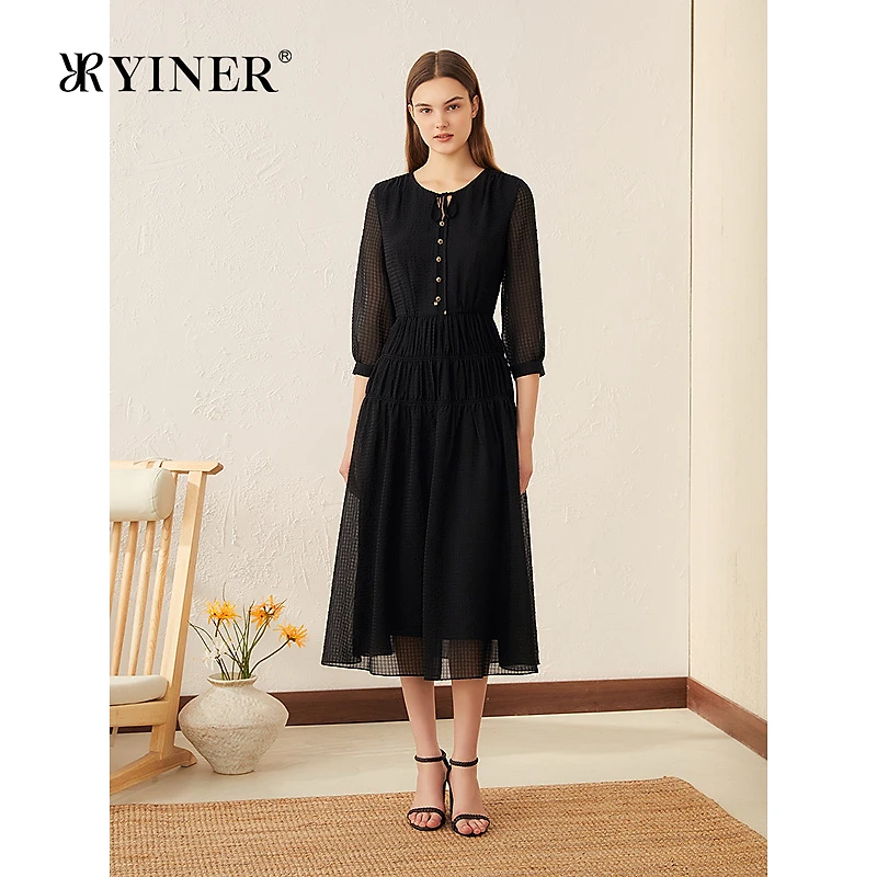 YINER音儿专选2025夏季新款法式飘带领华夫格泡泡纱蛋糕裙连衣裙