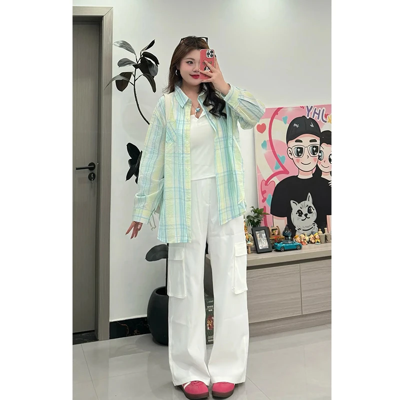 大码韩系宽松长袖外套女夏季慵懒风吊带衬衫长裤三件套99368#