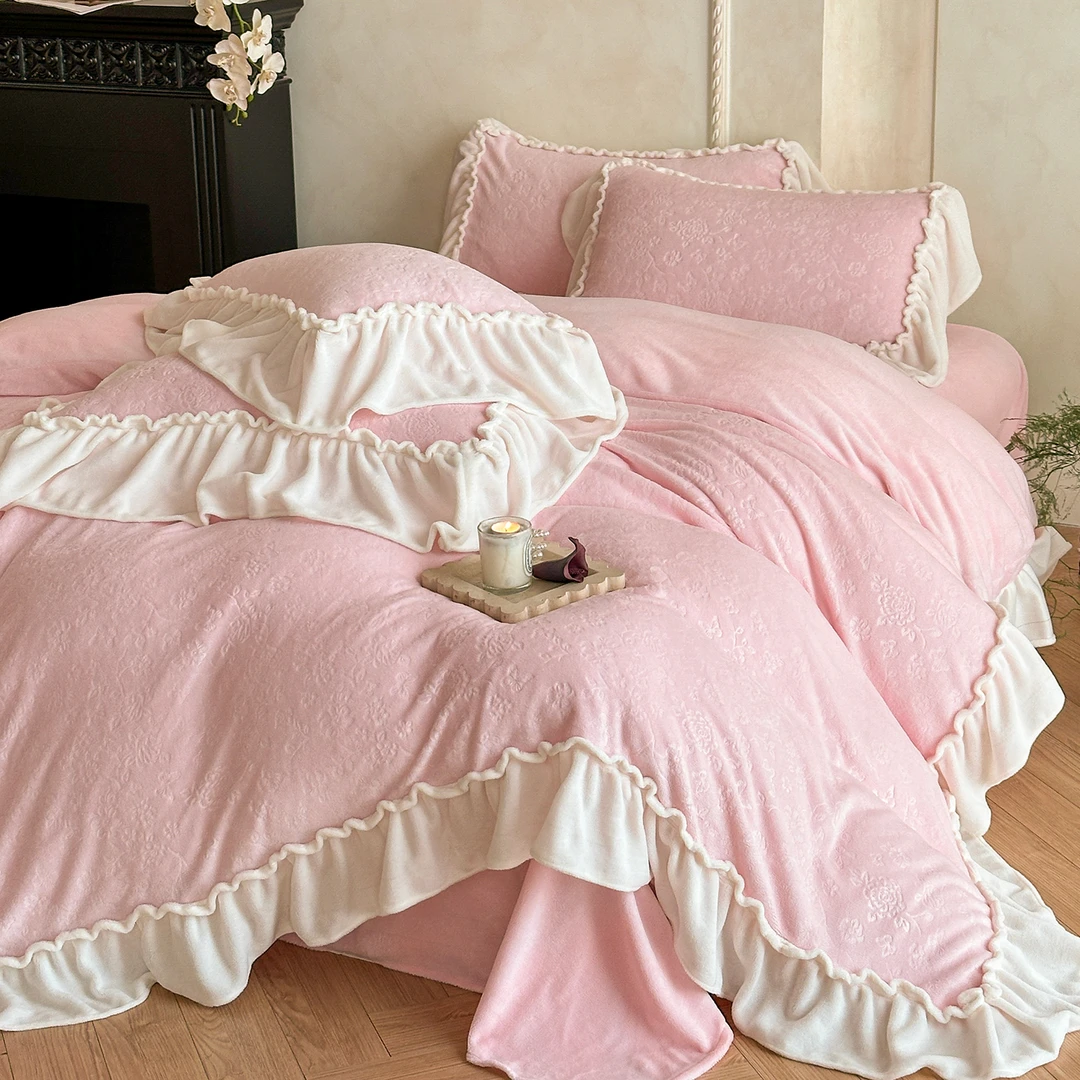 法式雕花牛奶绒床上四件套珊瑚绒花边被套加厚单人床单床笠三件套