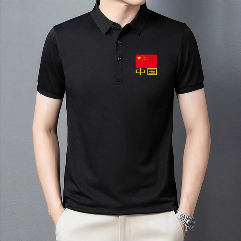 男士短袖polo衫夏季冰丝凉感带国旗图案翻领半袖中国china爱国T恤