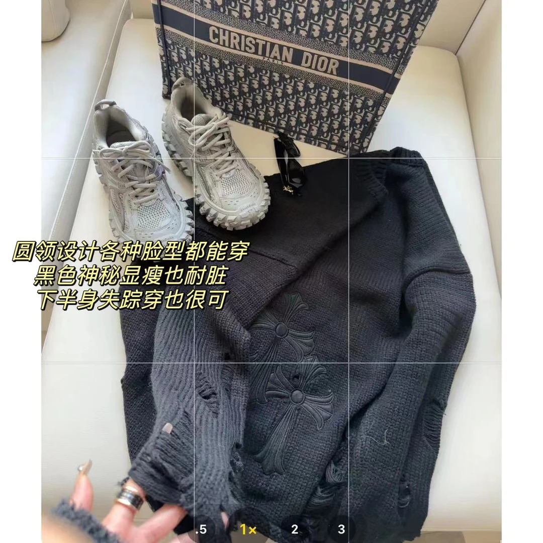 （现）徐秋阳  皮标破洞  休闲圆领潮流秋冬韩版破破洞十字显瘦毛衣