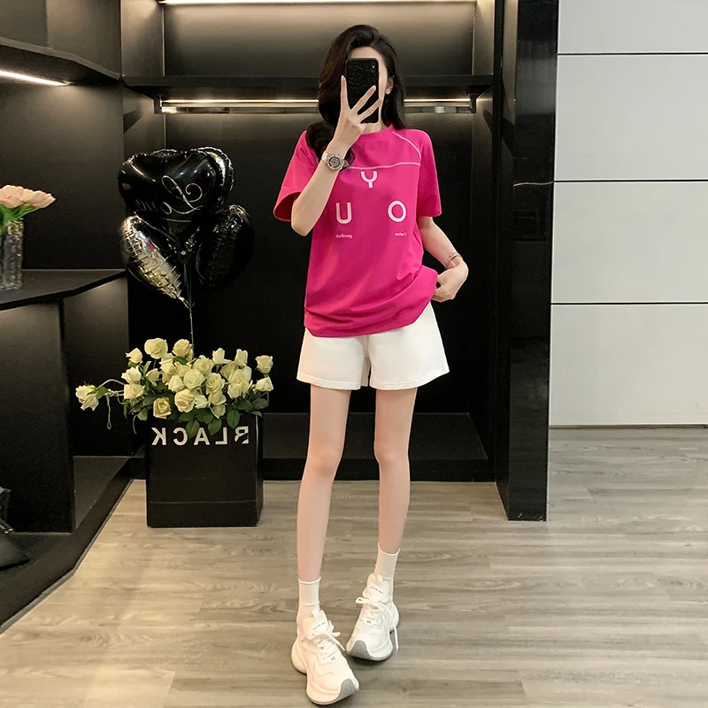 2025夏季新款宽松版时尚休闲运动套装拼色t恤短裤显瘦两件套女装
