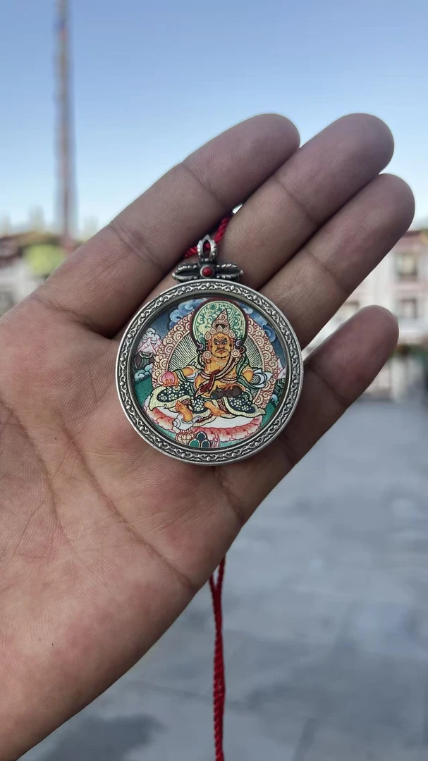 银吊坠 西藏热贡纯手绘黄财神唐卡吊坠