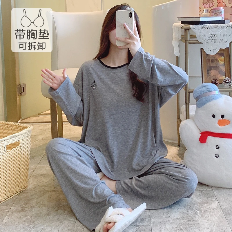 带胸垫加肥大码睡衣女春秋季长袖胖mm220斤宽松显瘦莫代尔家居服