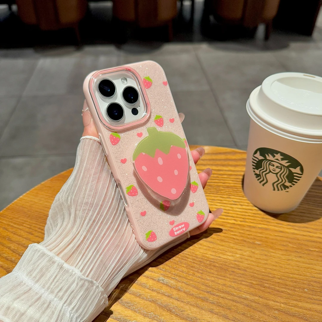 ins网红简约高颜值草莓支架适用苹果16promax手机壳iPhone15/14壳
