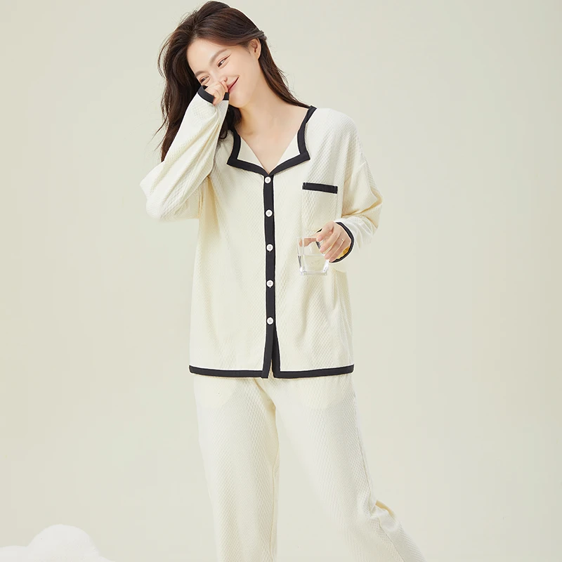 MEUNDO新品秋冬季睡衣女套装移圈提花小翻领简约超柔软家居服套装