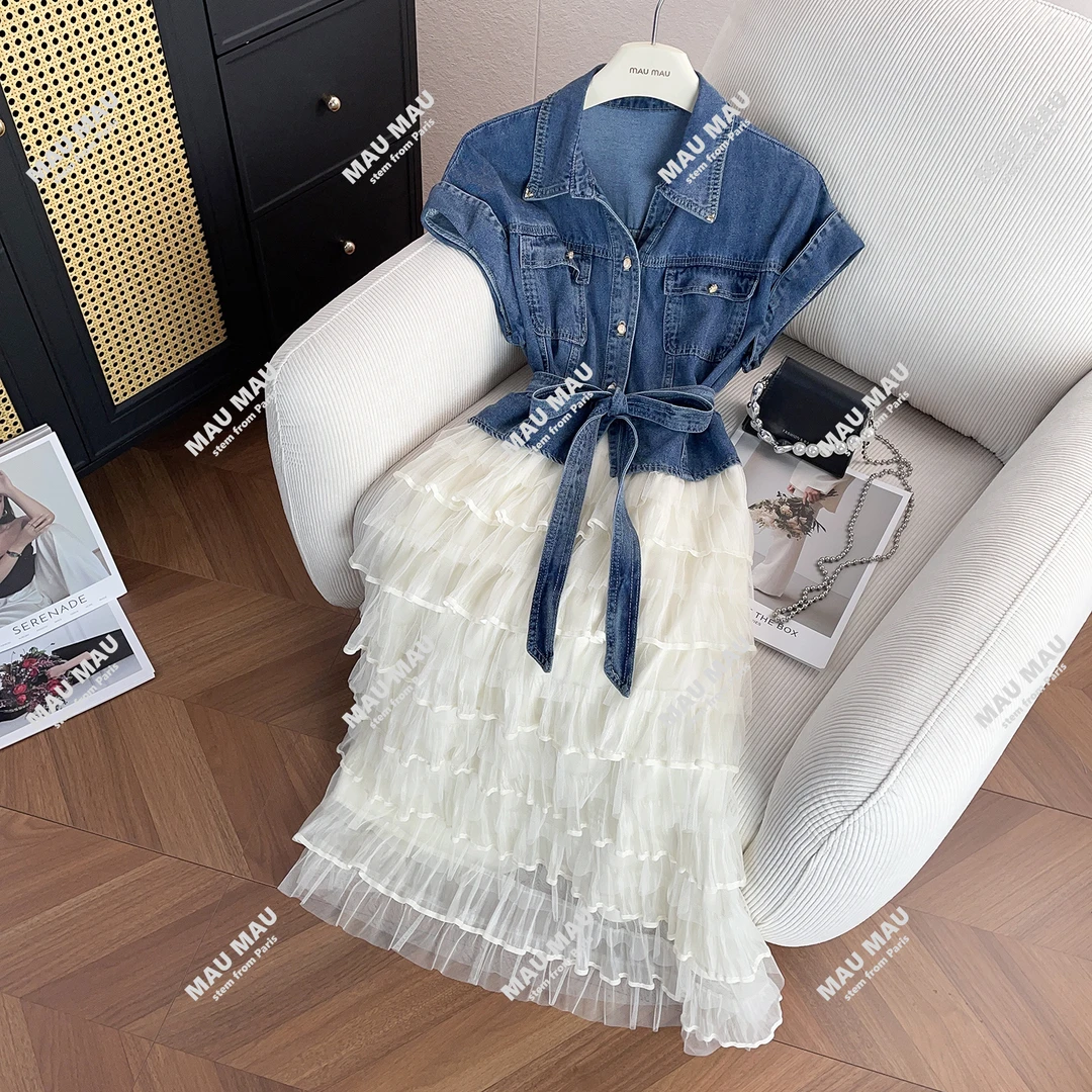 MIUMEN新款夏装减龄连衣裙子高档雪纺假两件牛仔蛋糕裙 DY6760