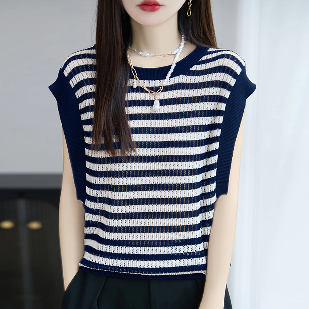 大码女装夏装微胖mm冰丝针织衫女士条纹无袖t恤遮肚子巨显瘦上衣