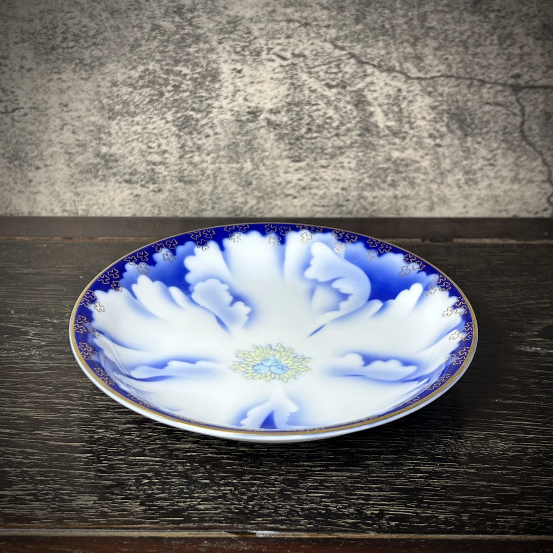 满69包邮日本正品深川制宝石蓝描金花卉壶承(直径15.5cm)