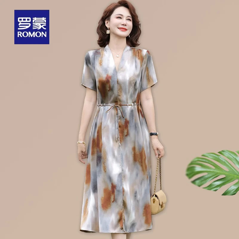 罗蒙妈妈2025新款连衣裙夏装短袖气质长裙中老年女装夏季端庄裙子