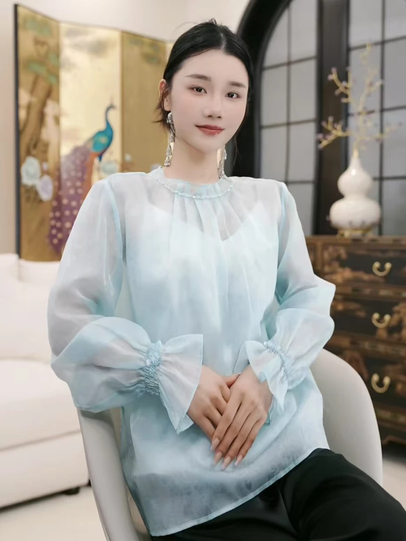 Betty Bairn【绣霓裳】高端圆领桑蚕丝长袖上衣25B-BW9030