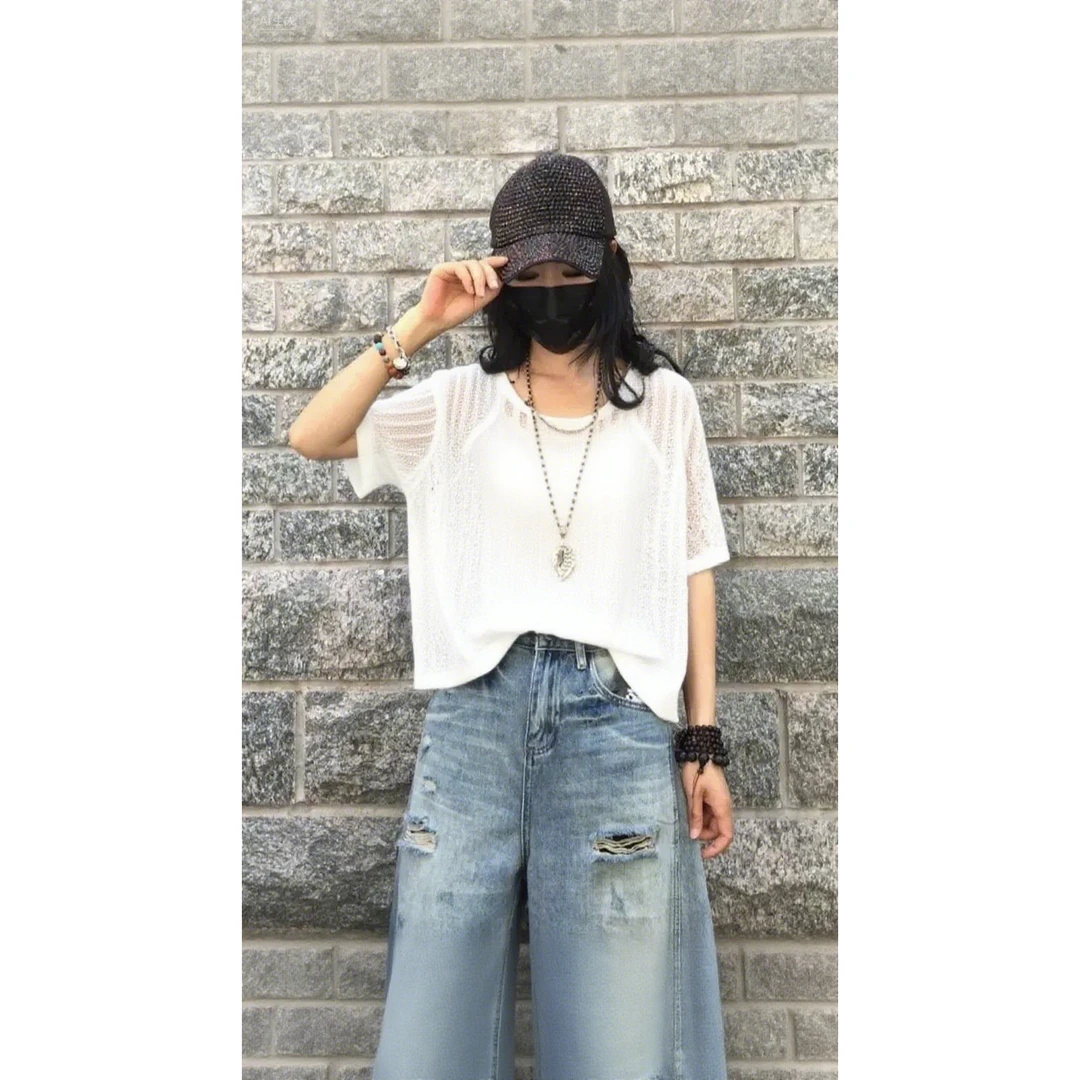 妮妮家7128夏季新款个性网纱镂空薄款短袖圆领T恤！