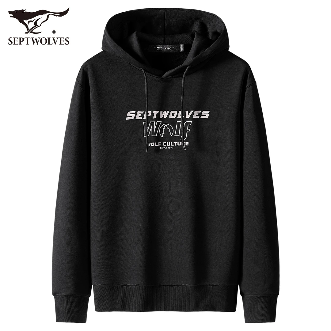 七匹狼男士秋冬字母印花套头连帽卫衣保暖舒适棉上衣百搭大码长袖