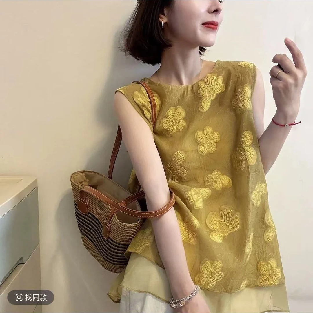 常规百搭无袖印花夏季绣花衬衫中式圆领宽松型小衫812