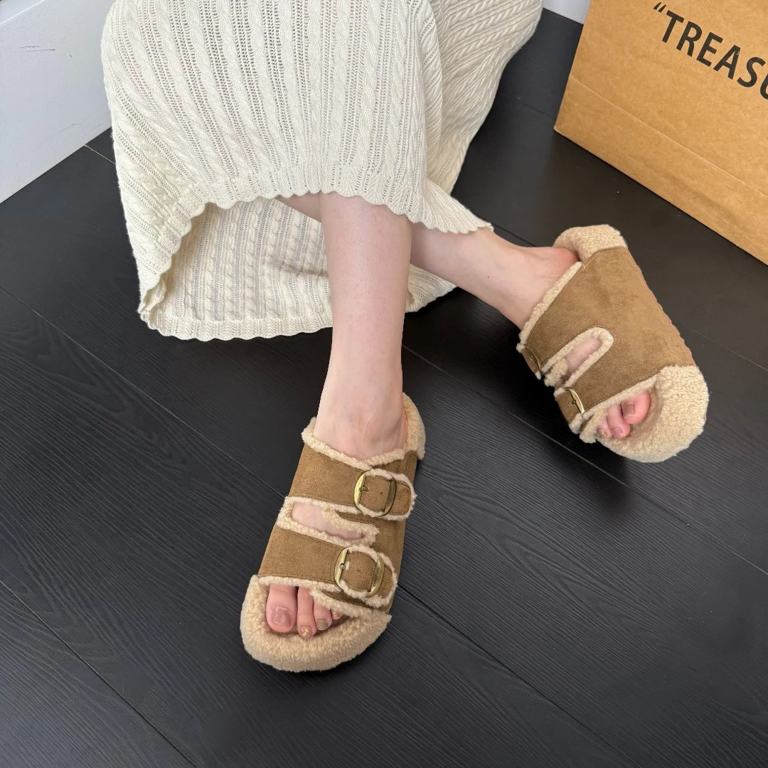 Tagabe松糕厚底棕色毛毛拖鞋女外穿秋冬新款时尚一字皮带扣棉拖