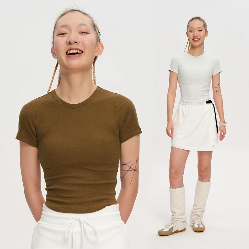 喂牌2025夏运动圆领弹力修身白色带胸垫T恤短袖网球上衣女