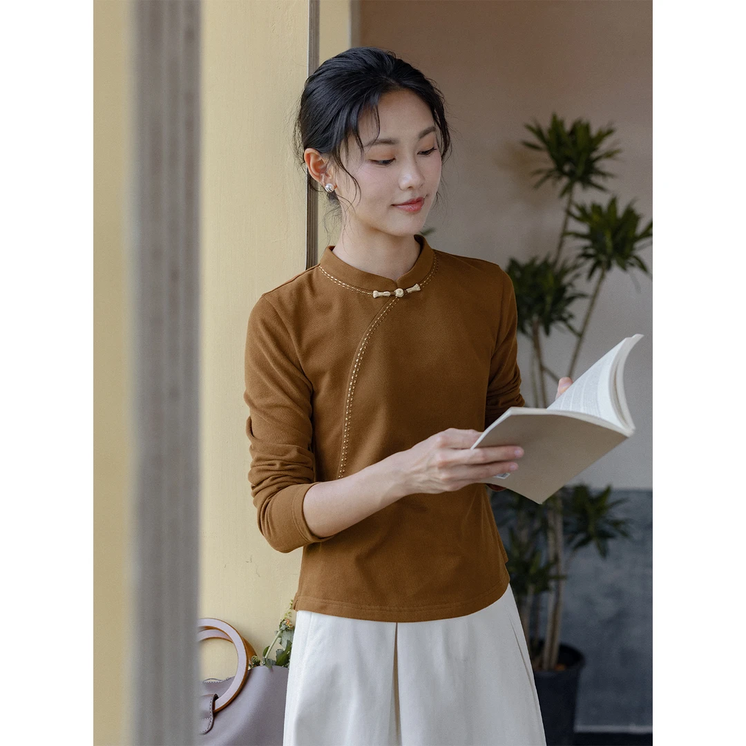 红念新中式棕色棉质T恤女长袖修身2025秋季新款女装气质春秋上衣
