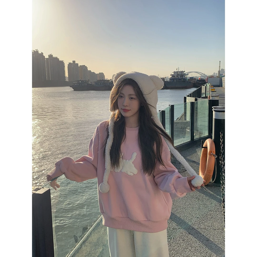 kumayes 可爱粉色狗狗加绒卫衣女秋冬季休闲宽松上衣【y808766】