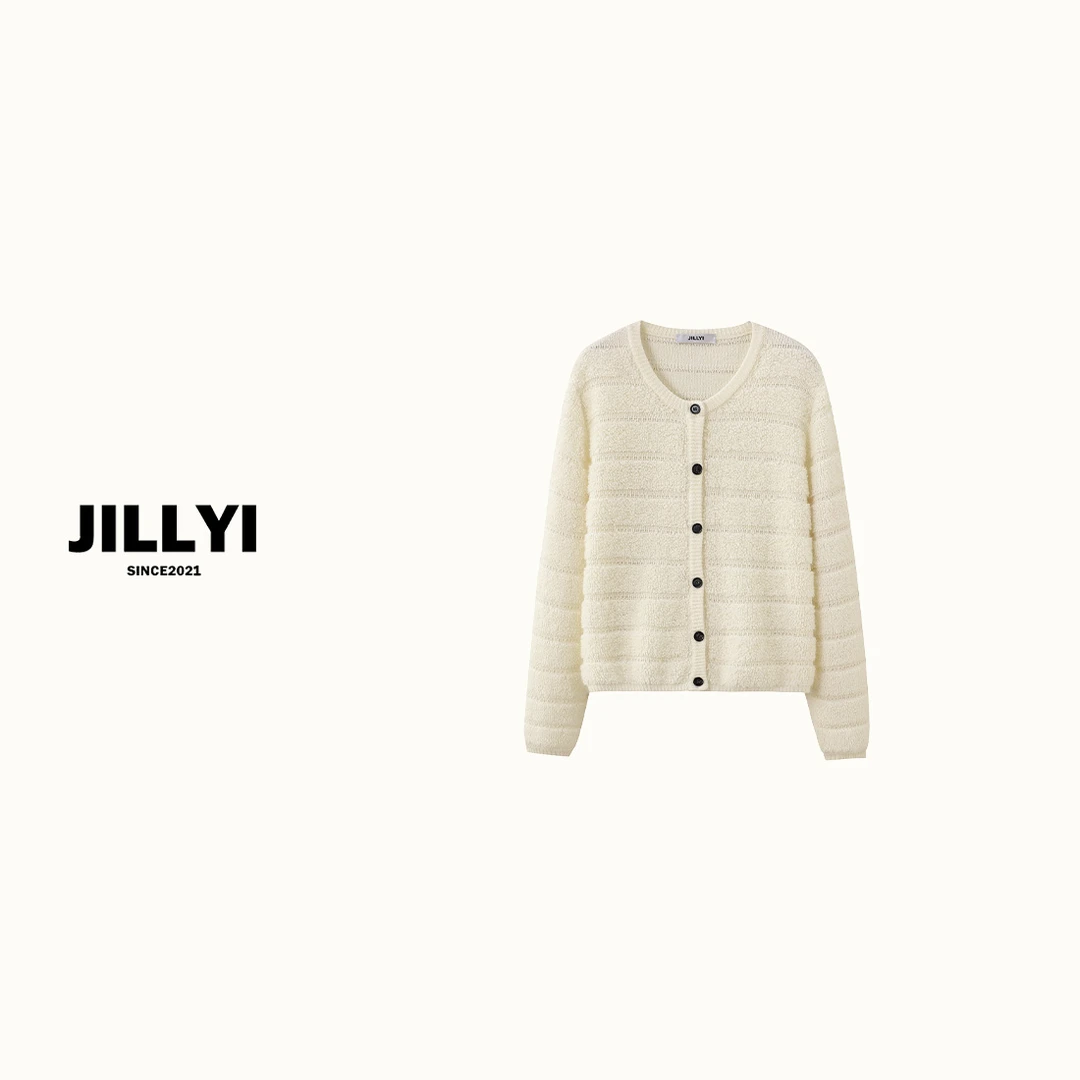 JILLYI南山店【条纹布蕾】香槟色圆领单排扣简约时尚针织开衫