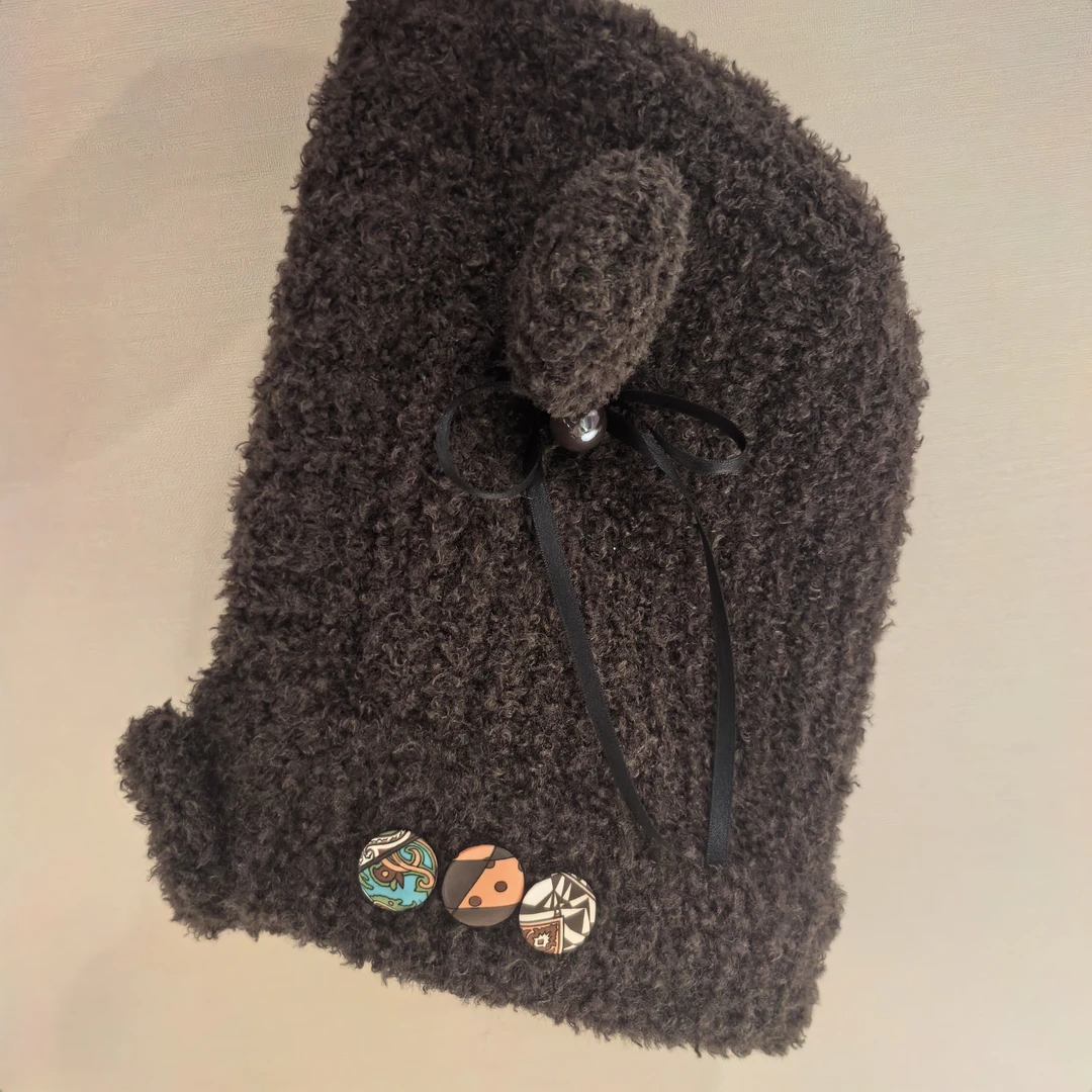 KK280咖色毛毛蝴蝶结纽扣帽子