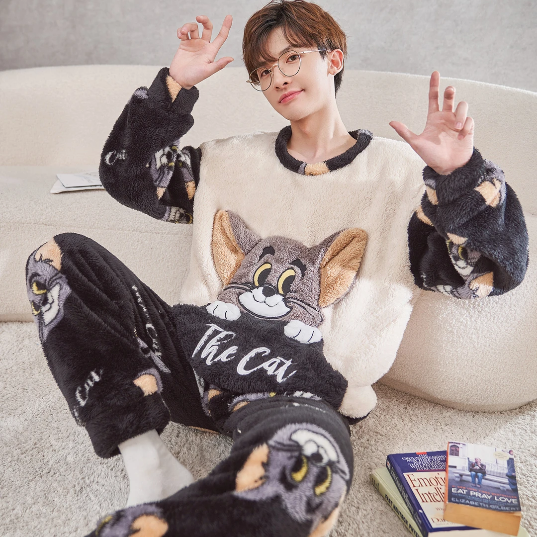 珊瑚绒睡衣男秋冬季卡通套头猫和老鼠套装加厚款法兰绒学生家居服