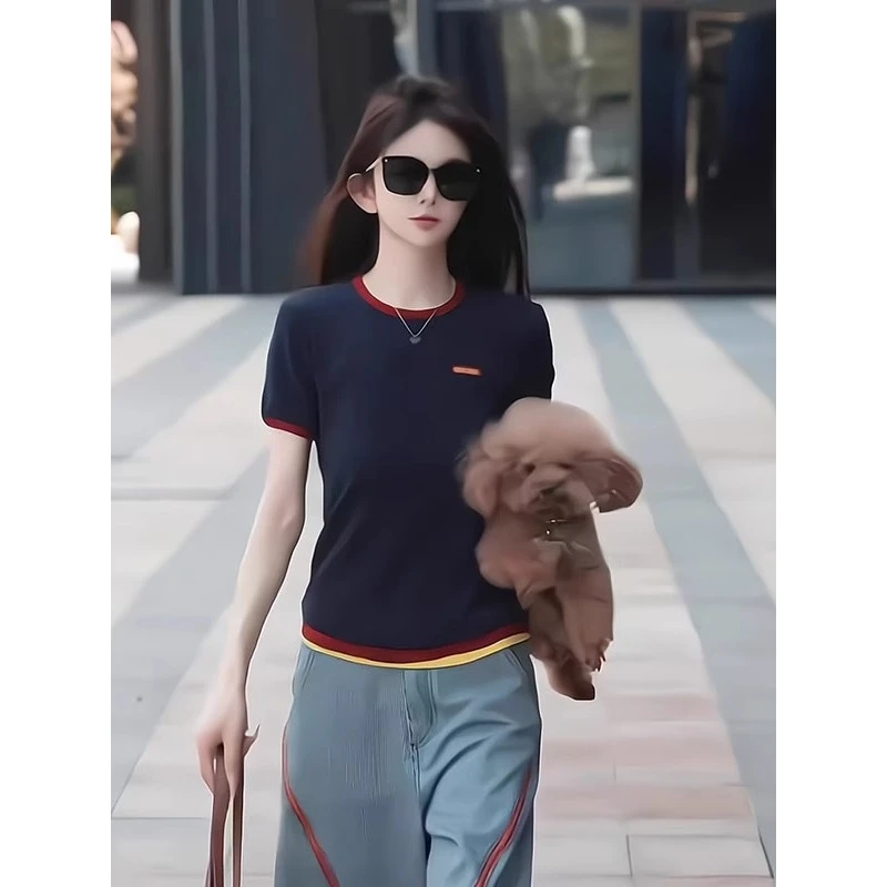 欧货复古圆领减龄设计感黑色短袖T恤女夏季新款高级感宽松上衣潮