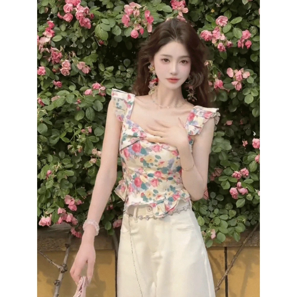 法式氛围感油画设计飞飞袖t恤女夏季新款别致绝美蝴蝶结碎花上衣