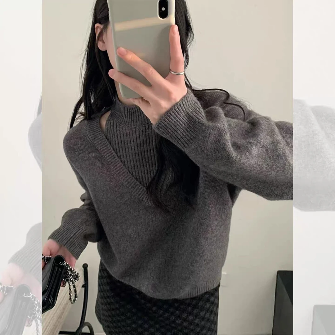越野兔 半高领假两件v领毛衣