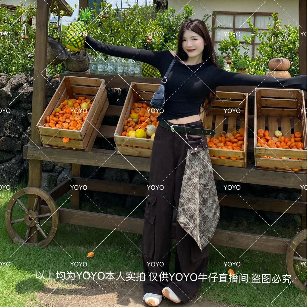 YOYO自制【方巾工装】早秋显瘦设计感秋季辣妹水洗牛仔阔腿裤