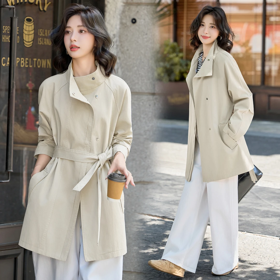 韩系复古立领中长款风衣外套女2025春季新款系带收腰显瘦休闲大衣