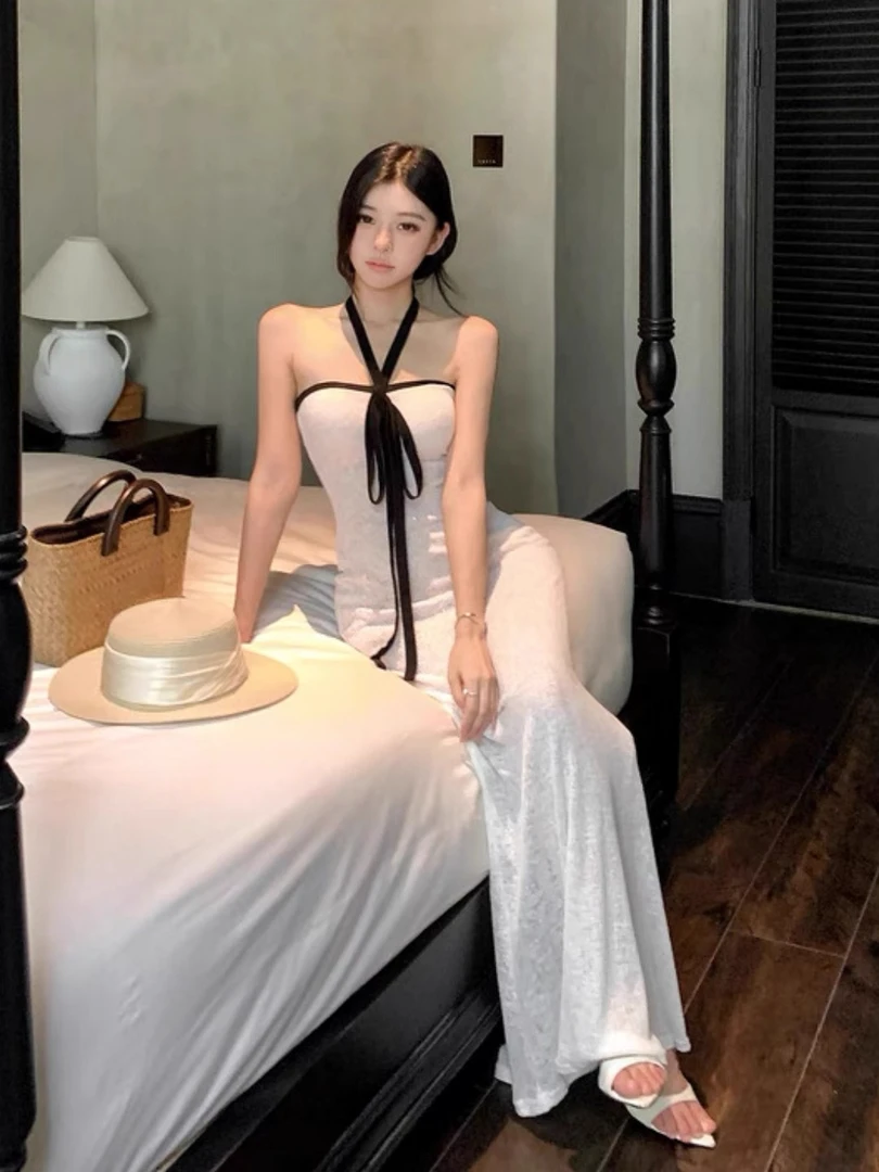 法式高级感挂脖连衣裙女2025夏季棉麻提花抹胸长裙一字肩气质裙子