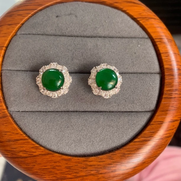 天然A货冰种满绿翡翠耳钉S925银