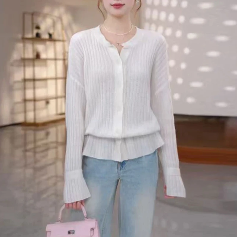 韩系纯色设计感长袖针织开衫女2025秋季新款显瘦气质甜美显瘦上衣