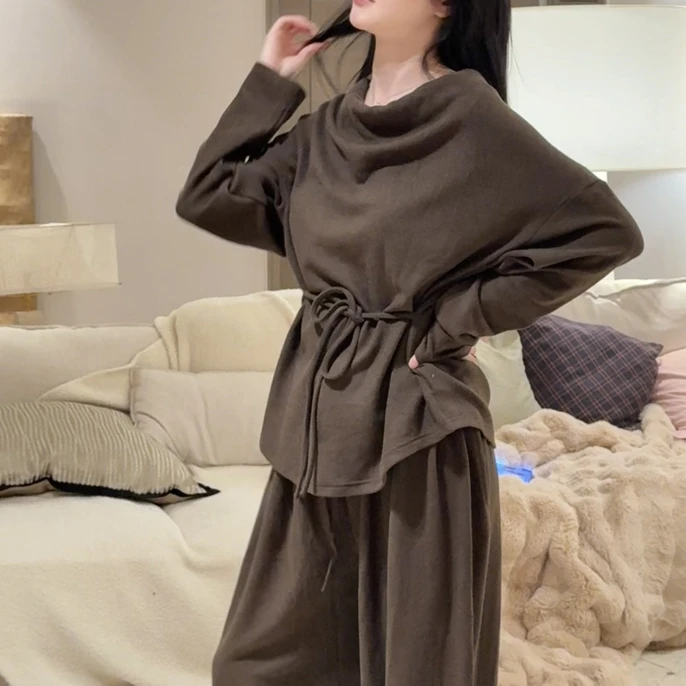 〈慢调生活〉秋冬慵懒宽松荡领系带德绒保暖套装