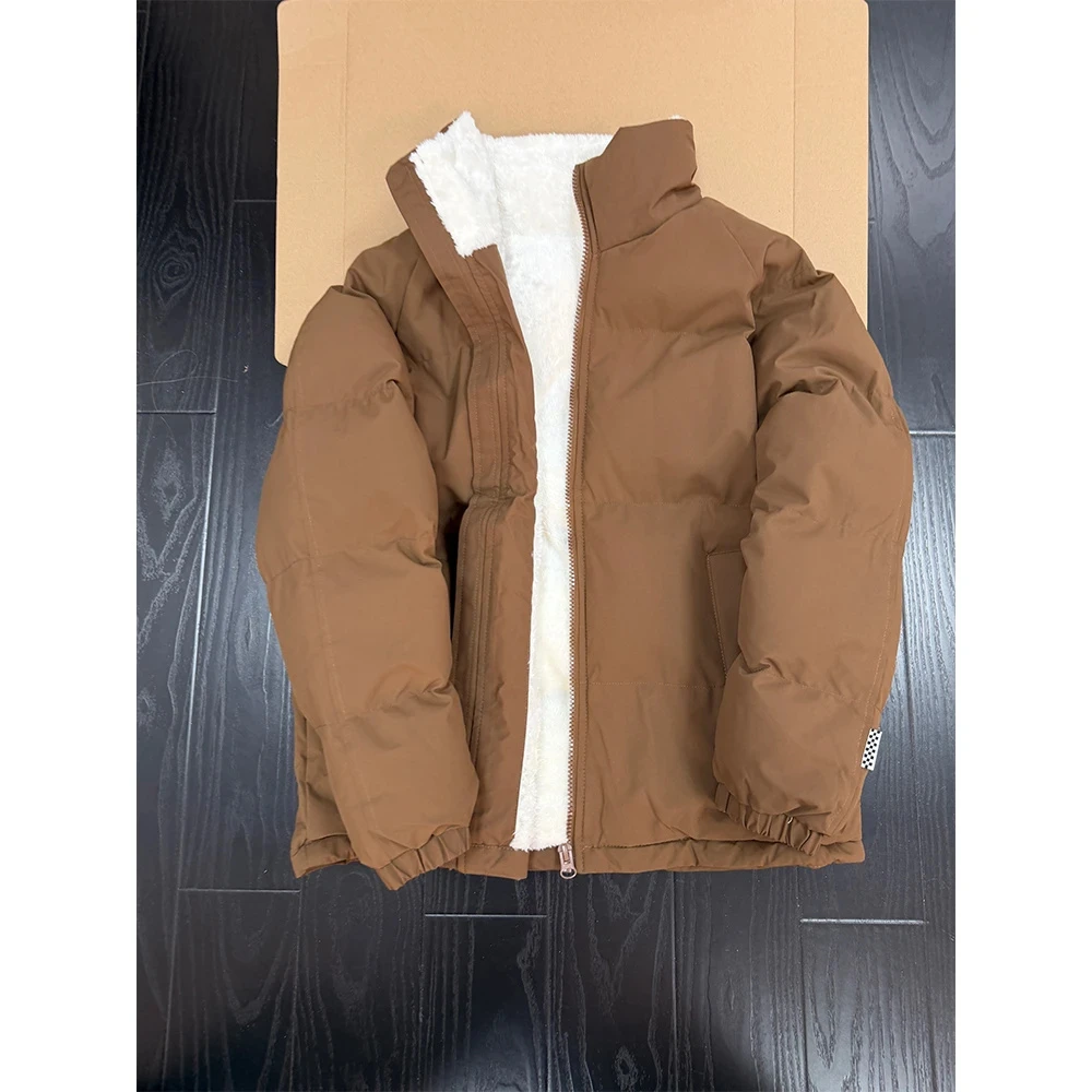 美式复古棕色棉服外套男款冬季加厚羊羔绒棉衣情侣装立领面包服潮