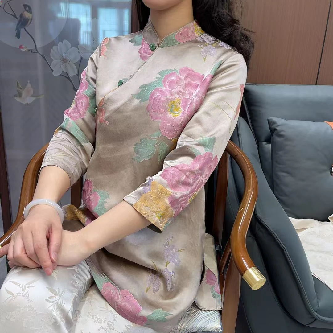 香槟牡丹复古中式立领上衣