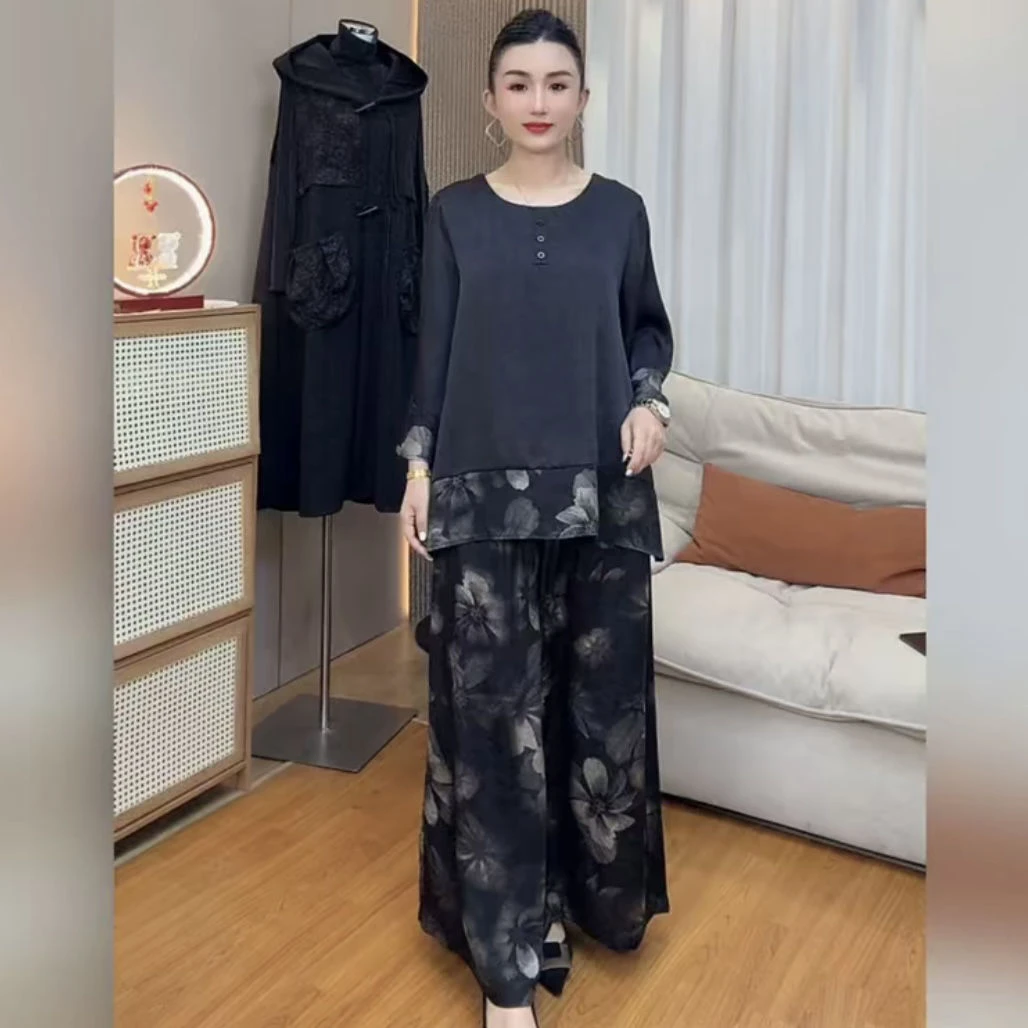 国风新款复古夏季妈妈时尚洋气宽松上衣高腰阔腿裤两件套