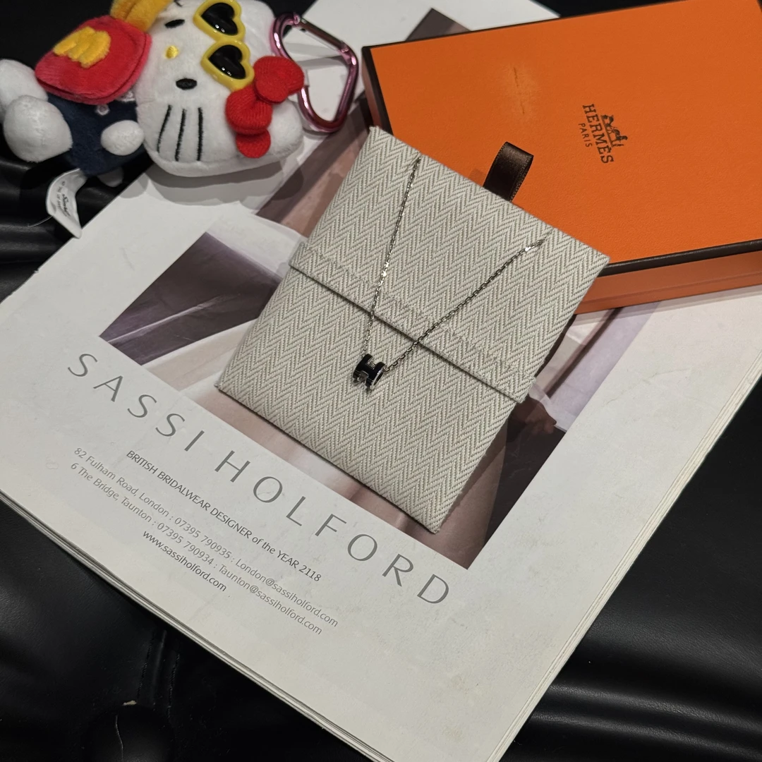 未使用 Hermes/爱马仕 mini popH项链 黑银