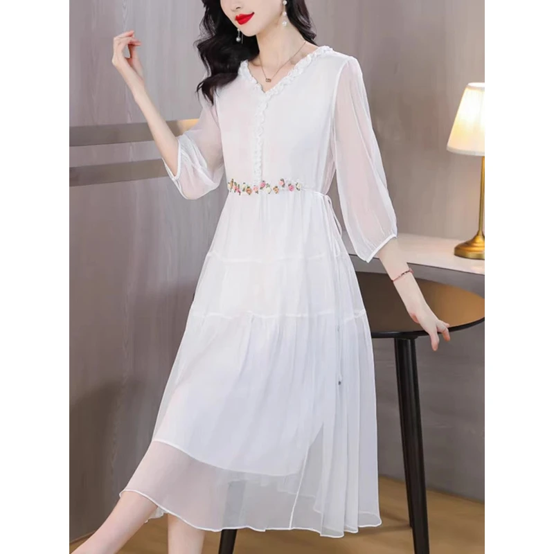 A102仙女裙长裙高连衣裙女装夏装收腰白色显瘦气质宽松遮肚夏季