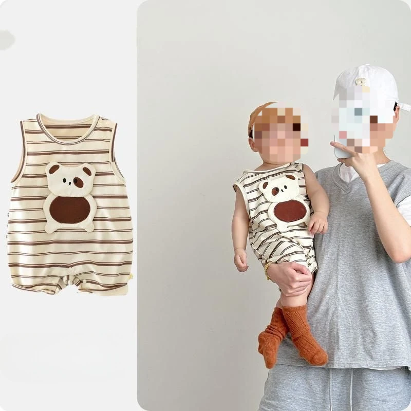 童泰【商场同款】夏季新款男女宝宝百天爬服咖条纹连体衣哈衣卡